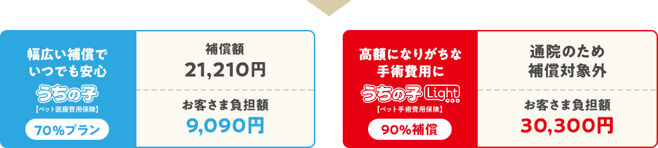 幅広い補償でいつでも安心 うちの子 70%プラン 補償額21,210円 お客さま負担額9,090円 高額になりがちな手術費用に うちの子ライト 90%補償 通院のため補償対象外 お客さま負担額30,300円