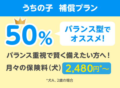うちの子  補償プラン50％「バランス型でオススメ!」バランス重視で賢く備えたい方へ！月々の保険料（犬）2,480円*〜