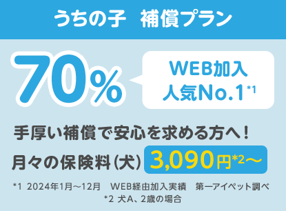 うちの子  補償プラン70％「WEB加入人気No.1*1」手厚い補償で安心を求める方へ！月々の保険料（犬）3,090円*2〜