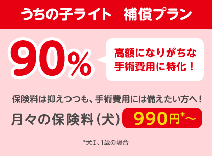 うちの子ライト  補償プラン90％「高額になりがちな手術費用に特化！」保険料は抑えつつも、手術費用には備えたい方へ！月々の保険料（犬）990円*〜
